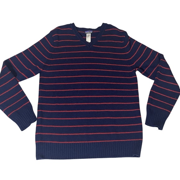 Patagonia Mens Sweater Size M Blue/red Stripe V Neck Lambswool Pullover Preppy - Picture 1 of 8